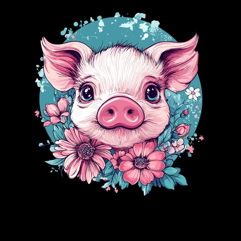 Cochon rose avec des fleurs