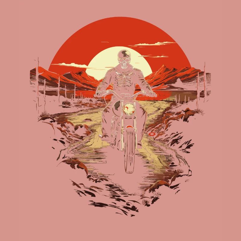Skeleton Biker On Endless Road Sunset