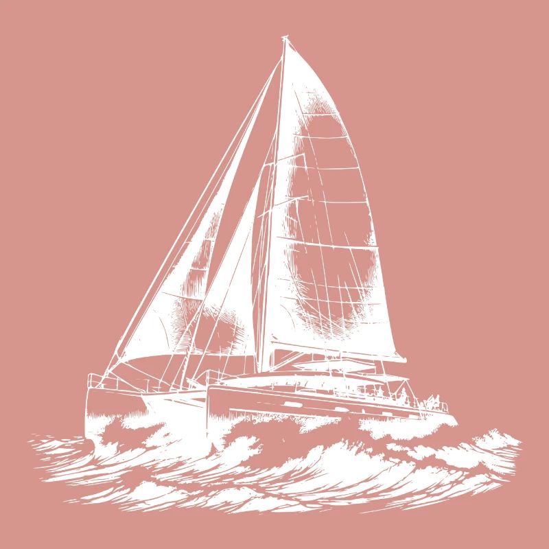 Chic catamaran in waves under sail wind