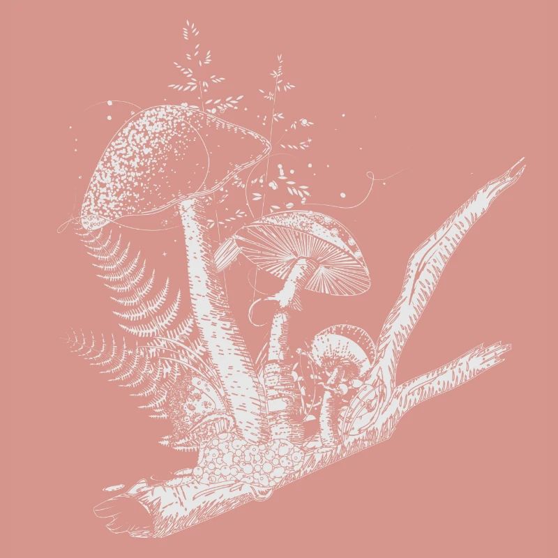 composition dessinée champignons forestiers, graminées et branches