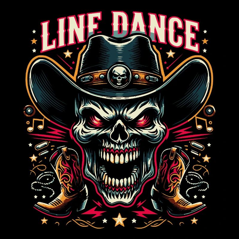 Line Dance Skull with Stetson and Boots and Lasso