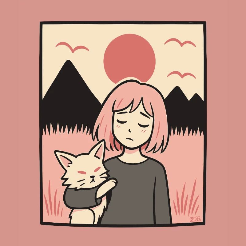 Fille avec un chat devant les montagnes