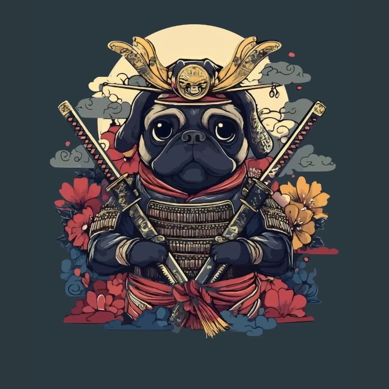 Samurai Mops Krieger mit Schwertern und Blüten