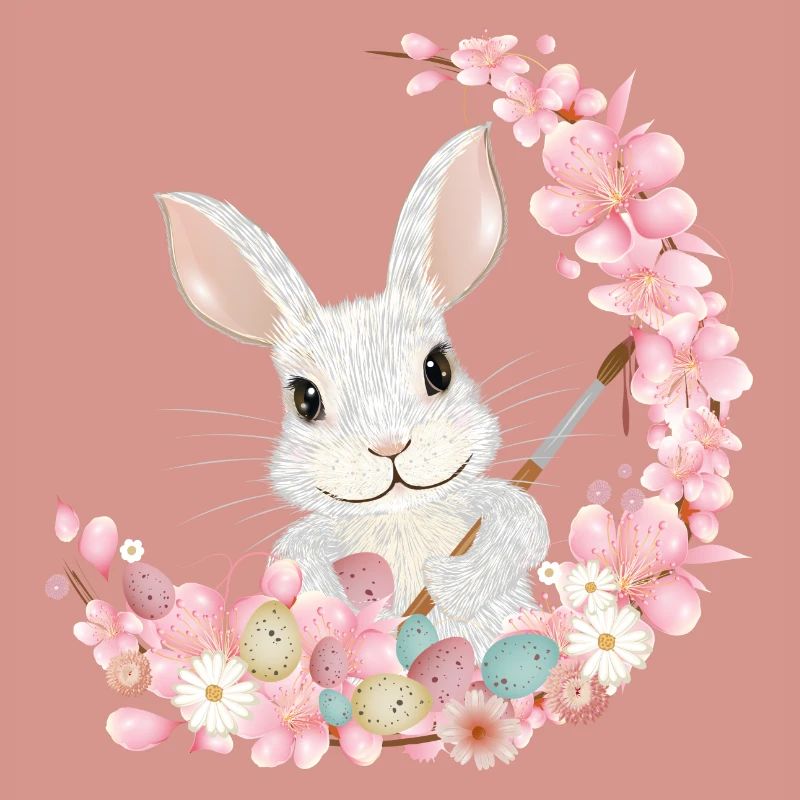 white easter bunny with flowers and brush for easter