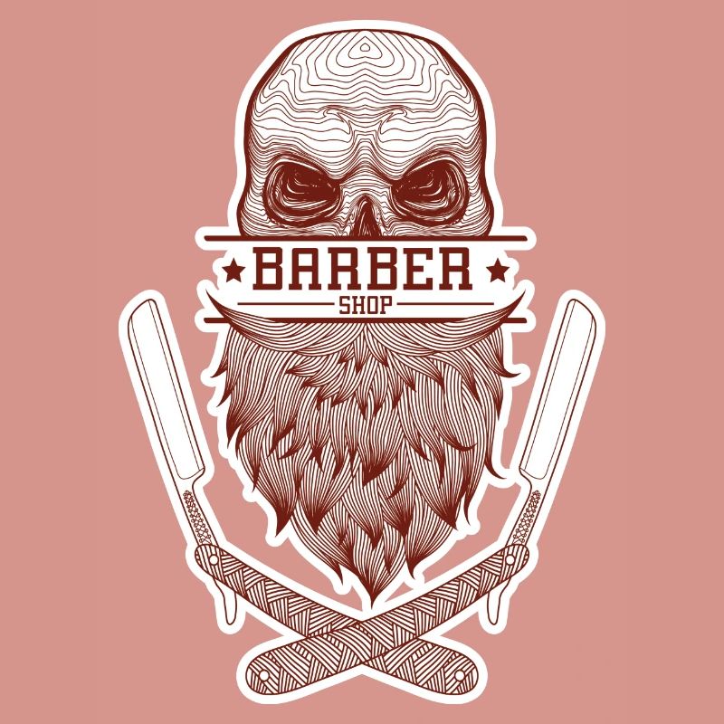 A skull with a beard, framed by razor blades.