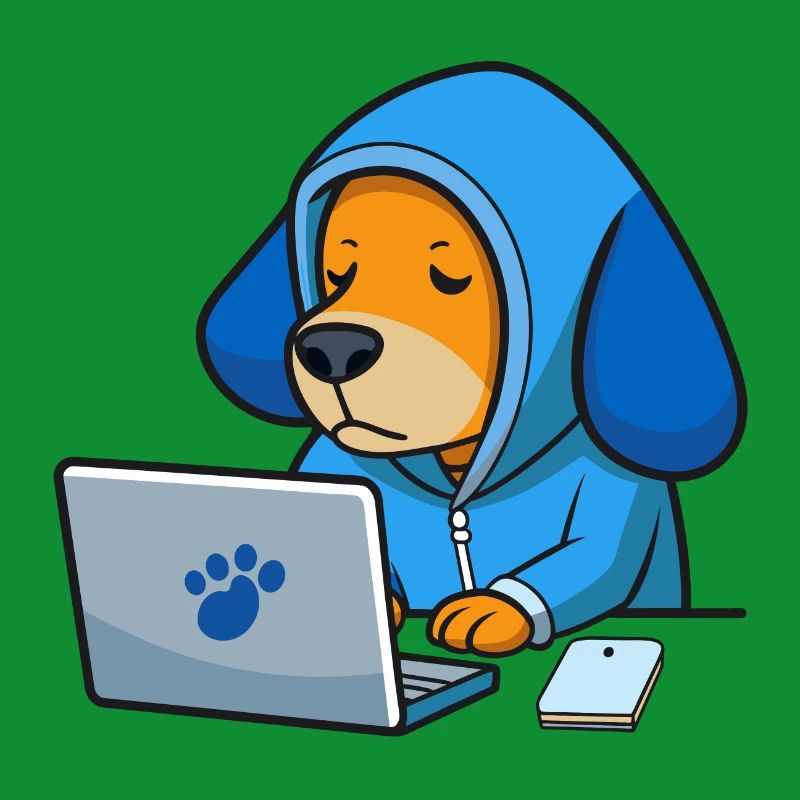 Un chien hacker mignon dort dans un sweat à capuche devant le PC