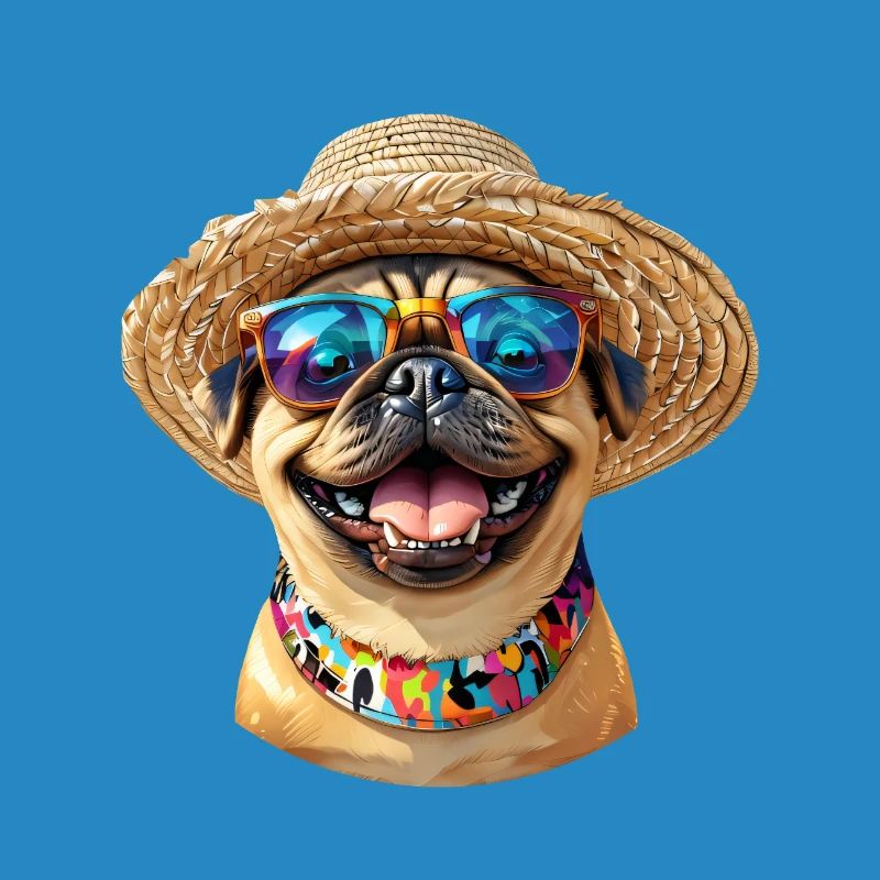 Fröhlicher Mops mit Sonnenbrille & Strohhut