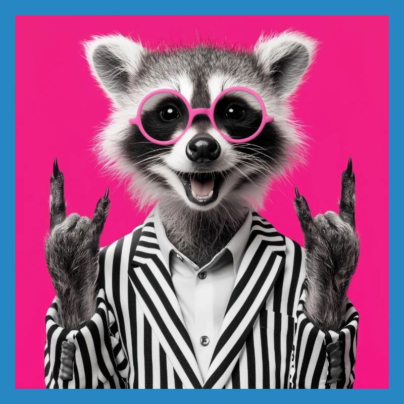 Waschbär mit Doppel Rock Handgeste