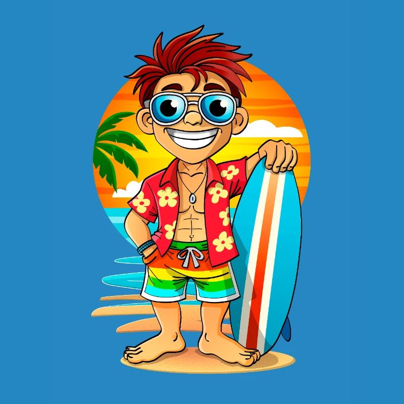 Fröhlicher Surfer mit Surfbrett am Strand.