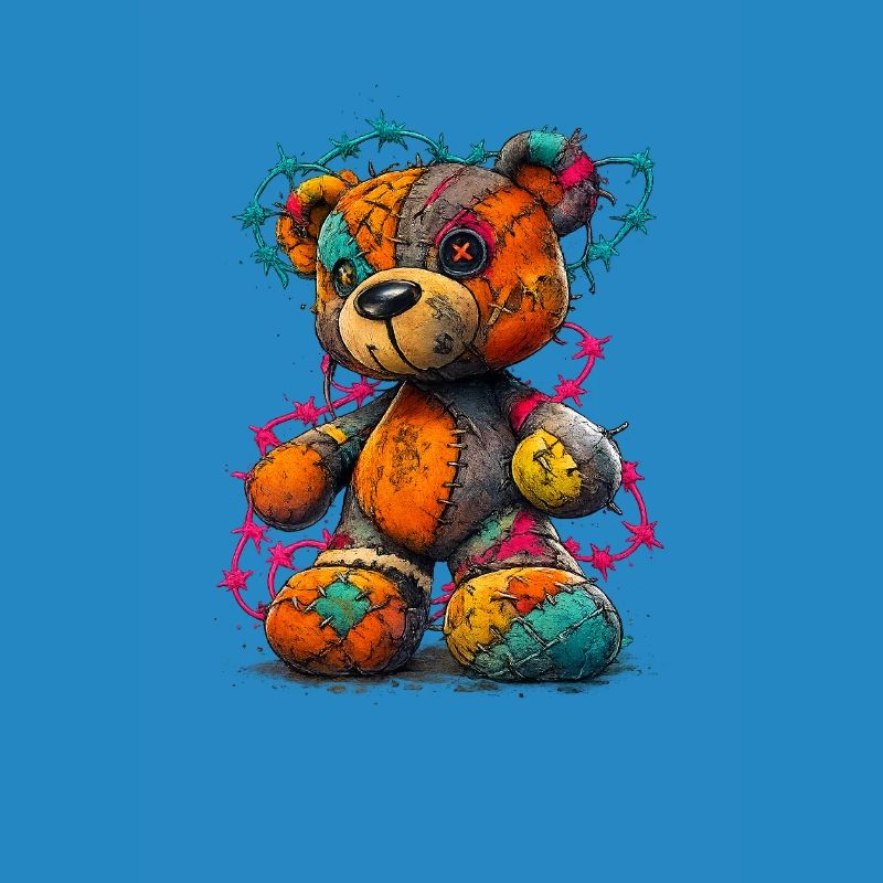 Patchwork teddy bear with neon threads