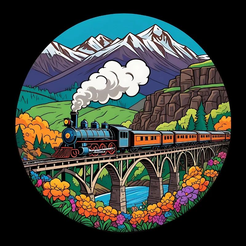 Bunter nostalgischer Eisenbahnzug mit Dampflok