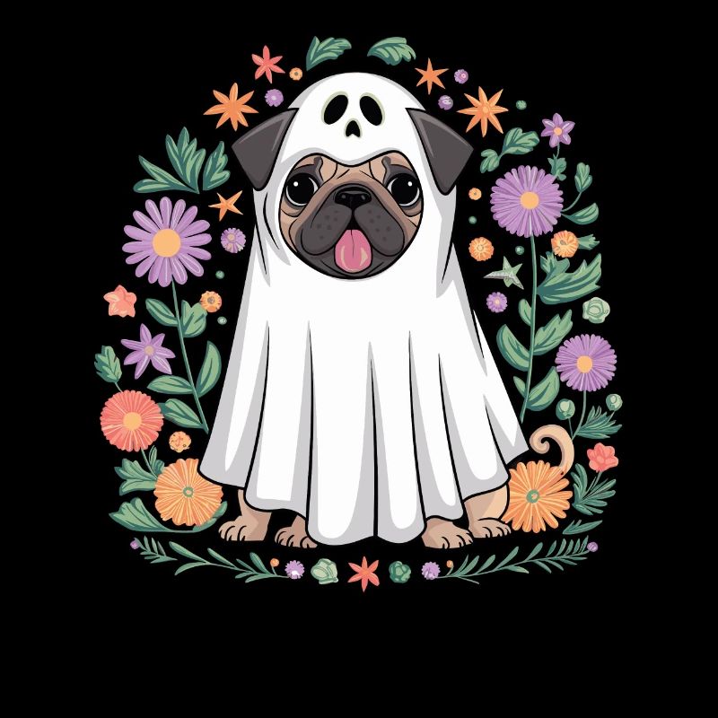 Fantôme De Carlin Drôle D'Halloween Avec Des Fleurs