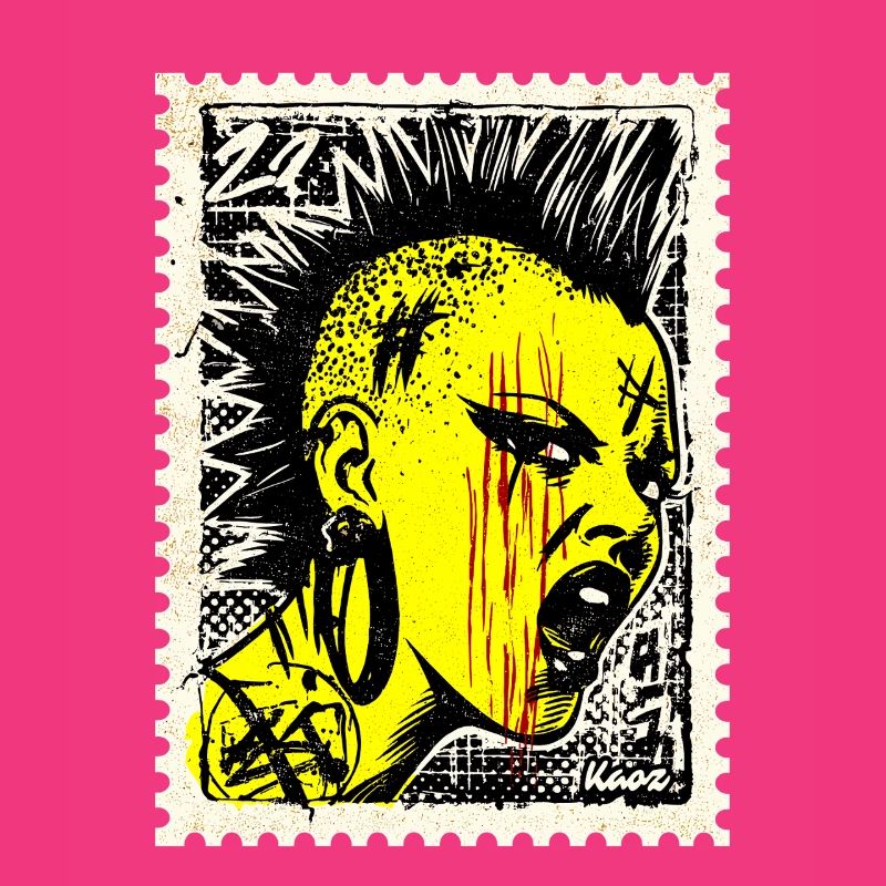 Femme punk sauvage avec mohawk et colère sur timbre-poste