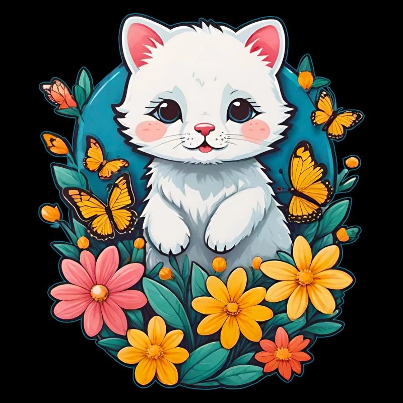 Chaton blanc à fleurs