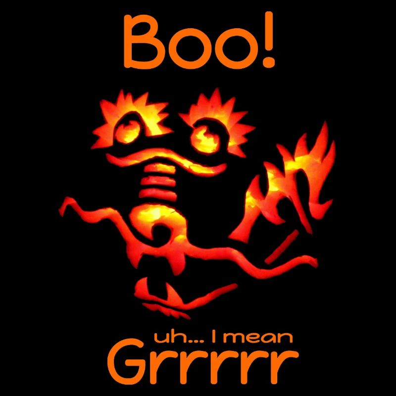 Feuriger Cartoon-Drache mit humorvollem Text Buh!