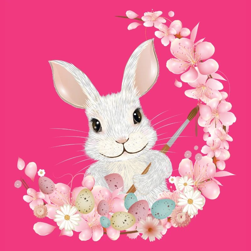 white easter bunny with flowers and brush for easter