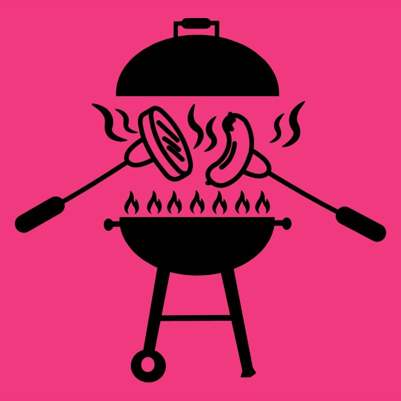 BBQ-Grill darüber Gabeln mit Wurst und Hamburger