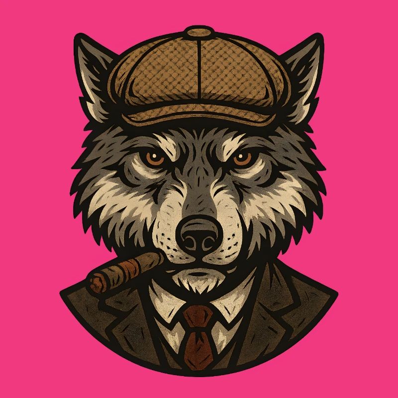 Wolf mit Baskenmütze und Zigarre