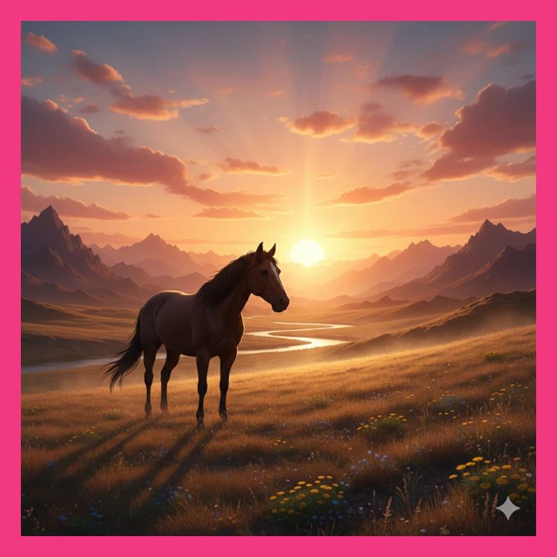 Cheval du coucher de soleil dans la vallée montagneuse