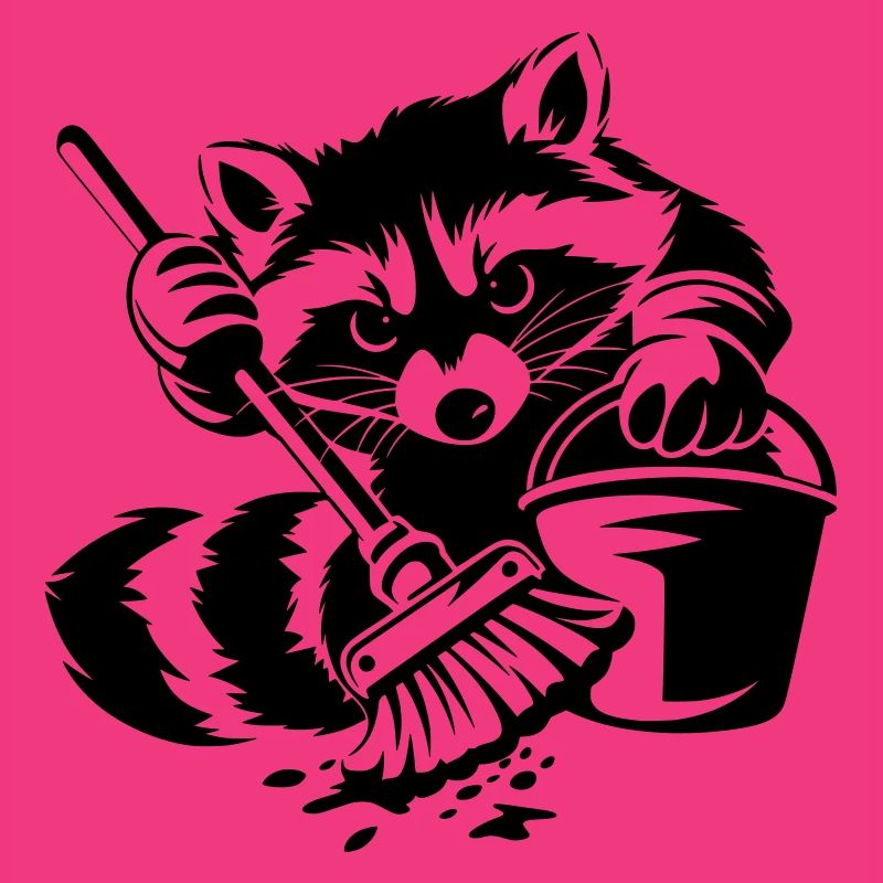 Waschbär mit Eimer & Mopp