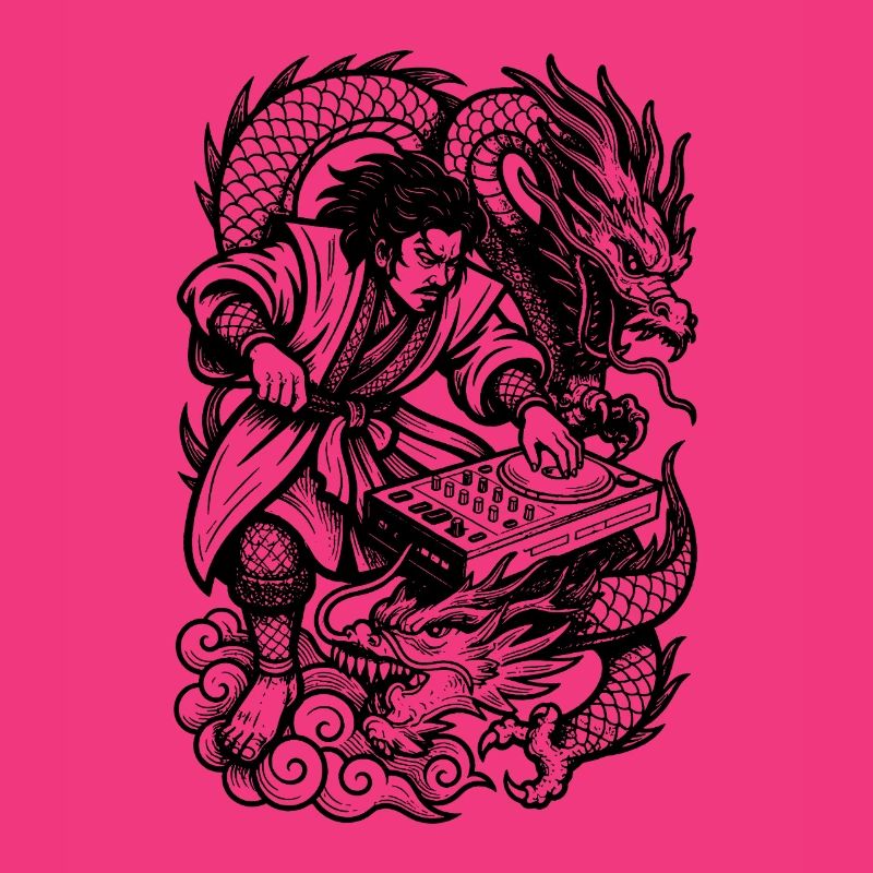 Chemise DJ : Samouraï à la table de mixage techno avec Dragon
