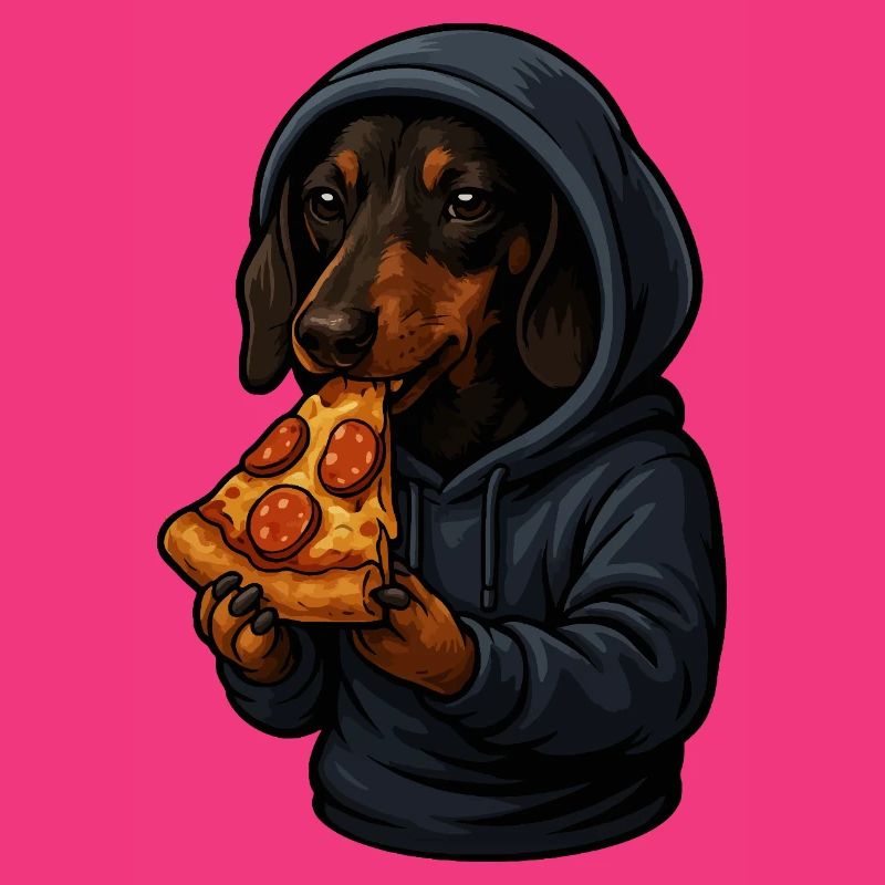 Teckel en sweat à capuche mangeant de la pizza