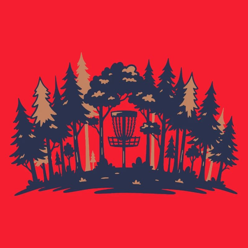 Disc-Golf-Szene Wald-Korb-Silhouette