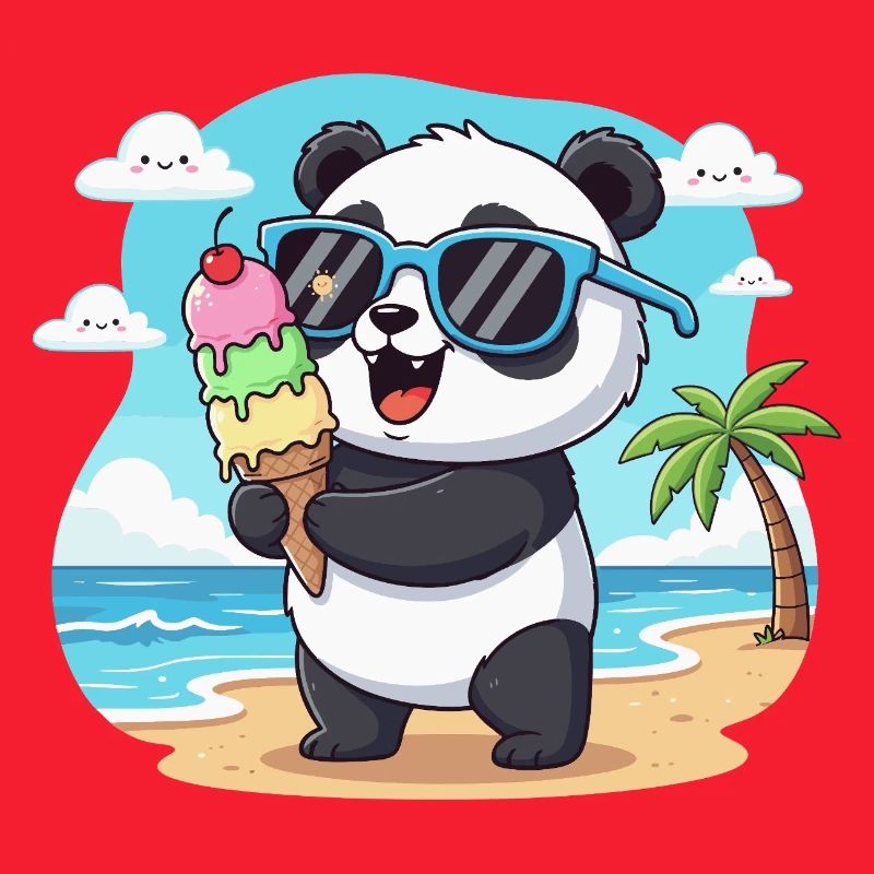 Panda am Strand mit Eiscreme