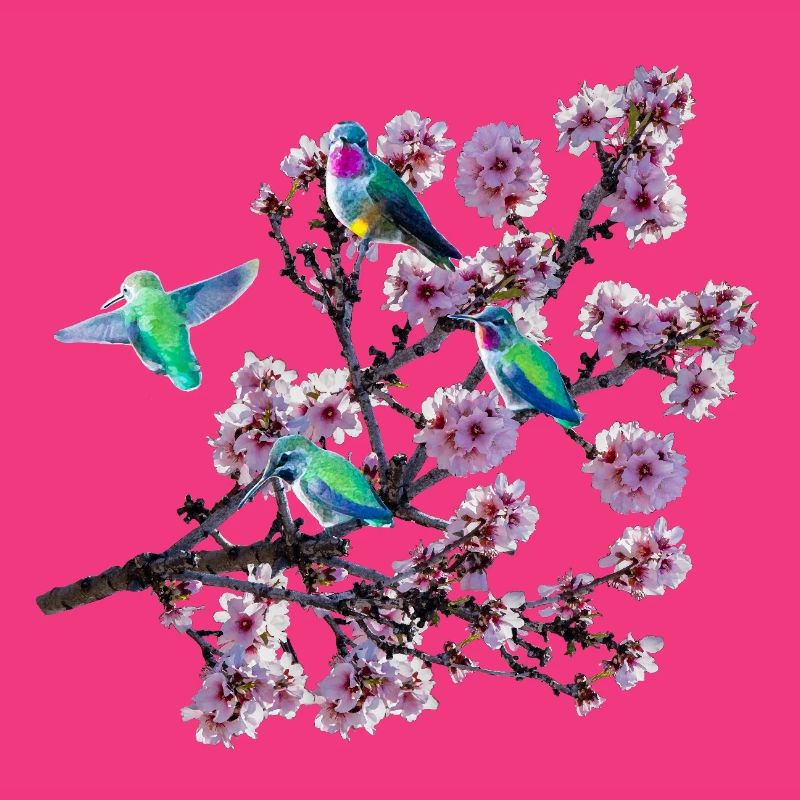 Colibri sous différents angles, fleurs d’amandier