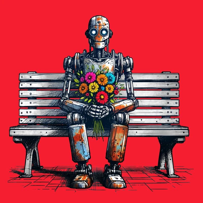 Robot Bench Flowers Robot Love Rusty Art