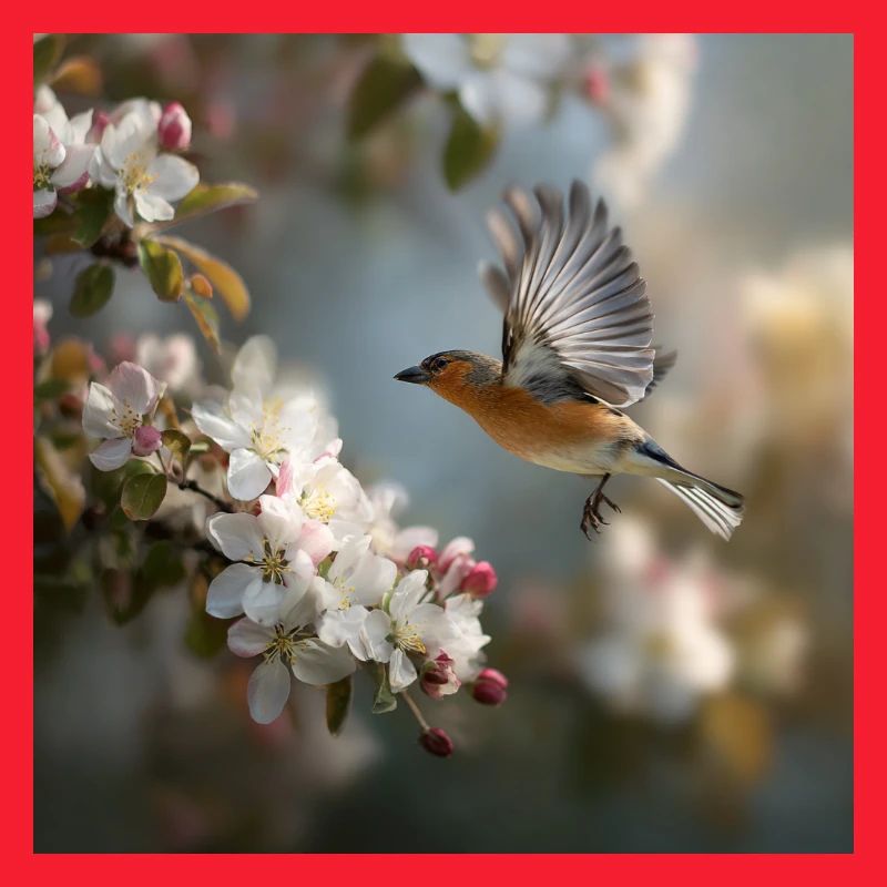 Frühlingssperling im Blütenflug