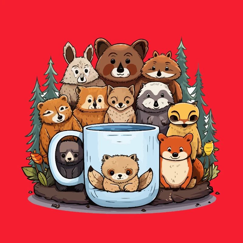 Forest animals around cups