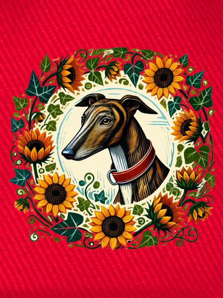 Windhund im Sonnenblumenring