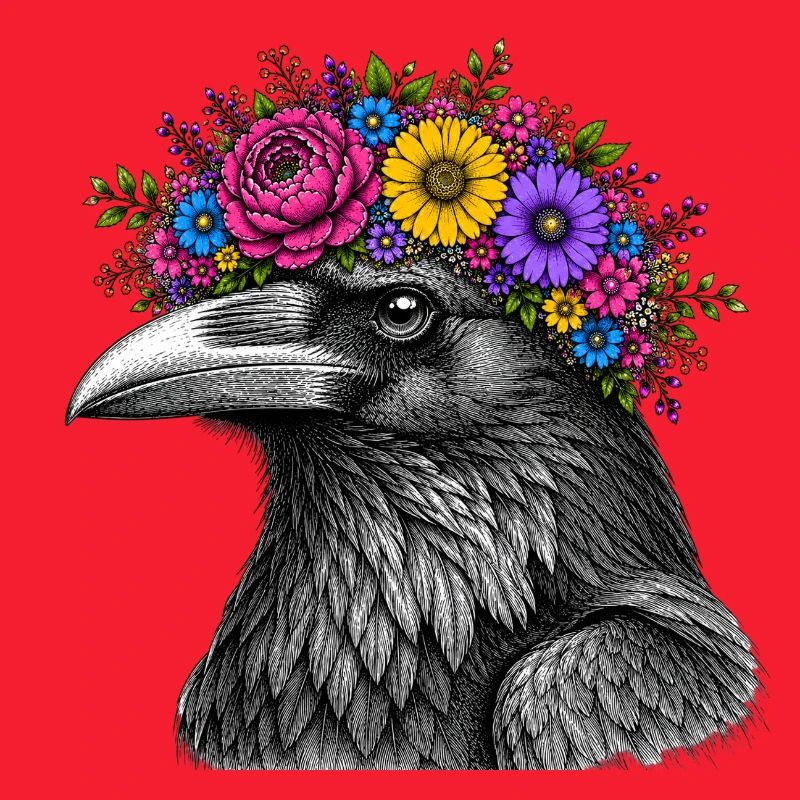 Tête de corbeau avec couronne de fleurs