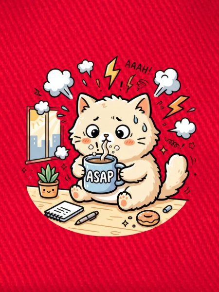 Gestresste Katze mit Kaffee-Bildunterschrift ASAP-Comic