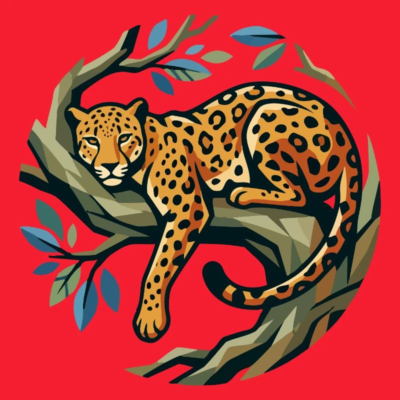 Léopard dans une couronne d’arbres posée sur une branche à motif léopard