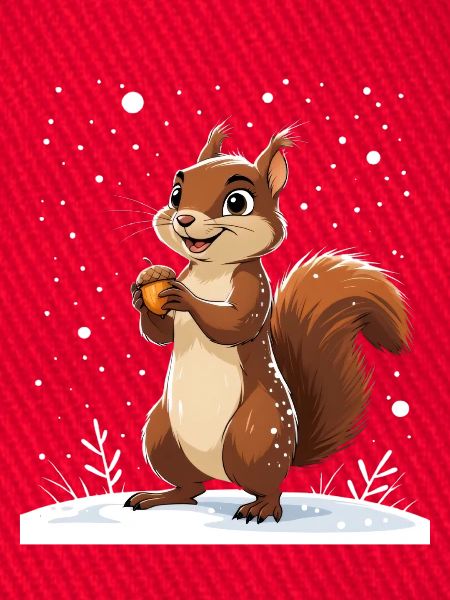 Winterliches Eichhörnchen mit Eichel
