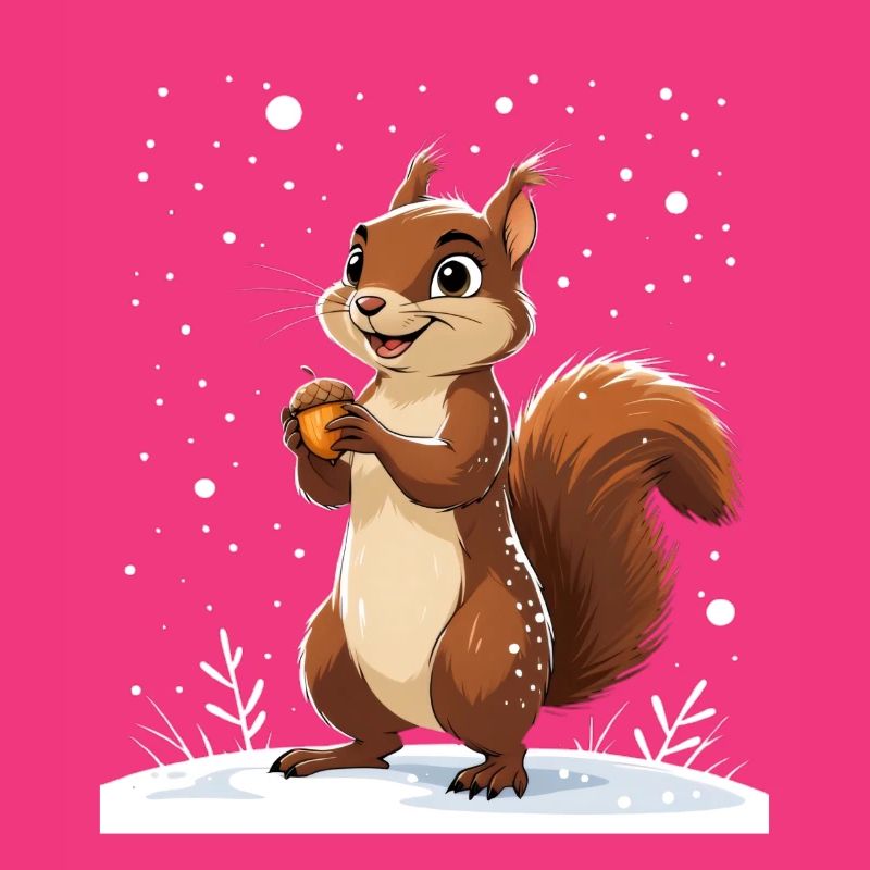 Winterliches Eichhörnchen mit Eichel