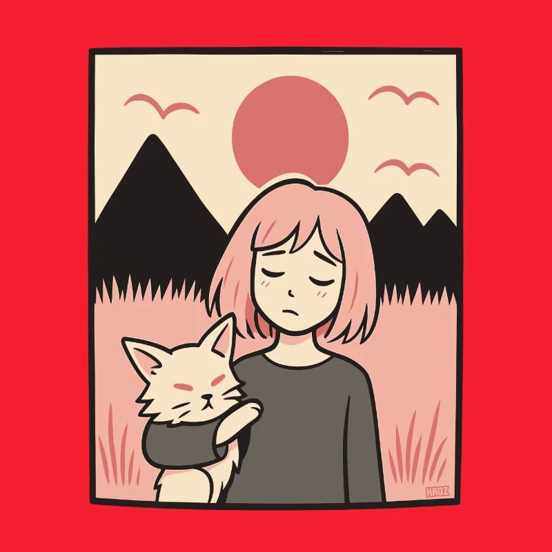 Mädchen mit Katze vor Bergen