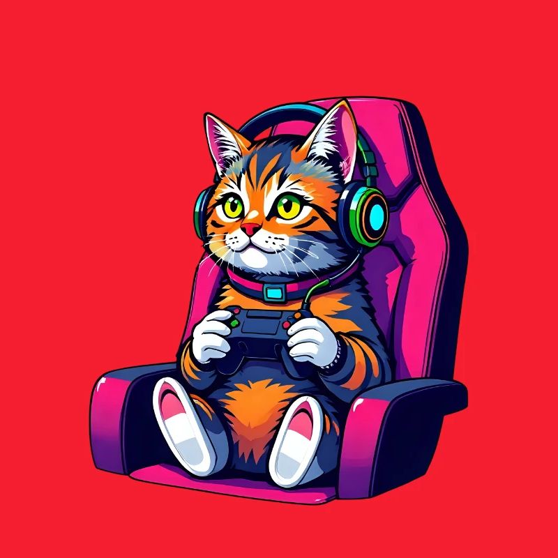 Retro Gamer Cat with Headset and Controller