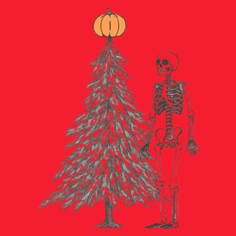 skeleton next to christmas tree