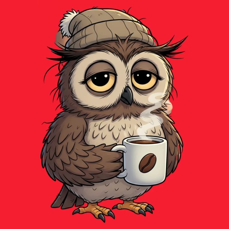 Verschlafene Eule Mit Kaffeetasse Cartoon