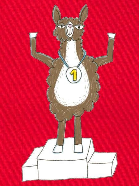 Lama mit Medaille auf Siegerpodest