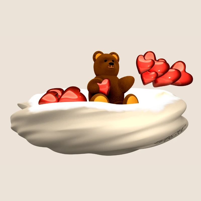 Bear flies on cloud with hearts