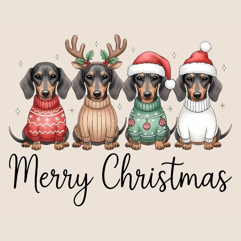Vier Dackel, Dachshunde in Weihnachtspullover