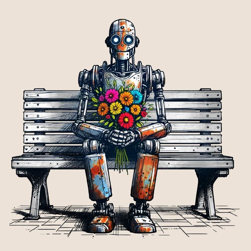 Robot banc fleurs Robot amour Art rouillé
