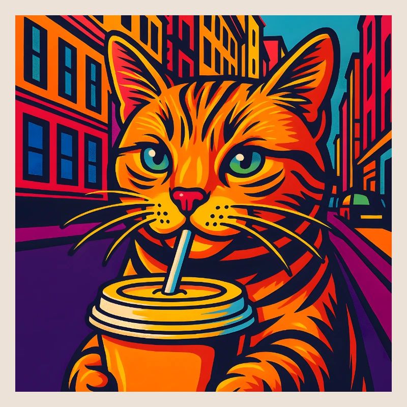 Chat urbain dynamique avec boisson, aime les chats