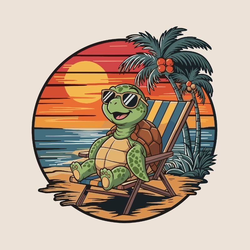 Funny Turtle on Beach Summer Vacation Sunset