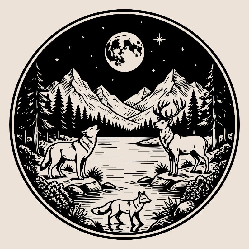 Wolf, deer and fox on the mountain river in the full moon.