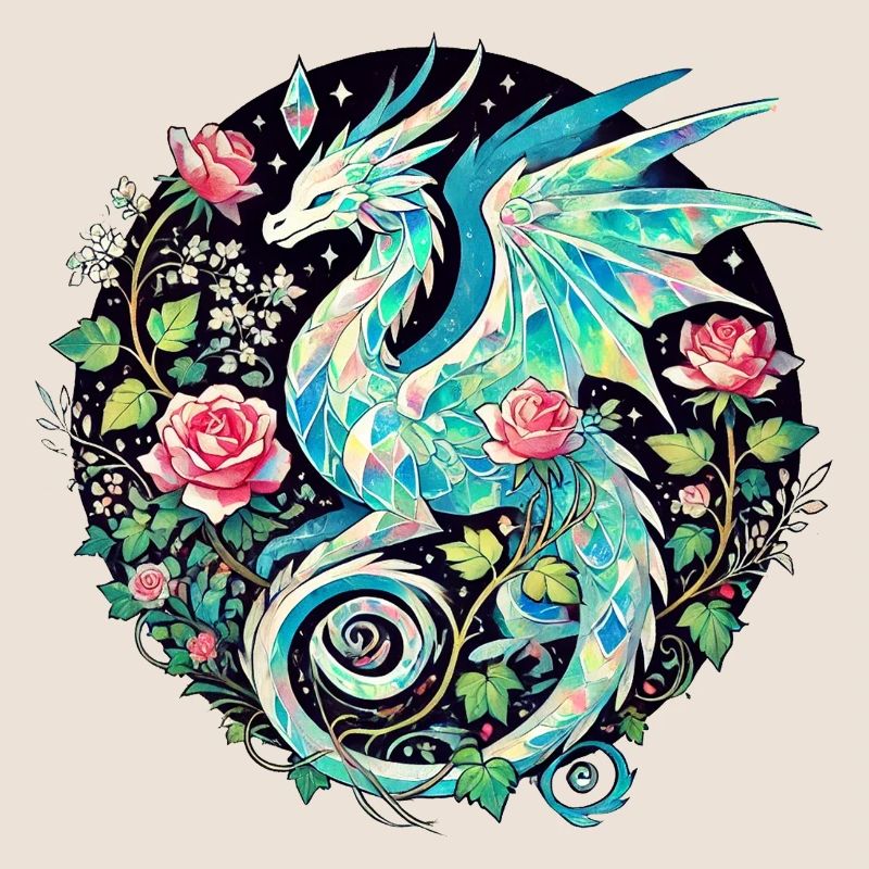 Kristalliner Drache zwischen Rosen